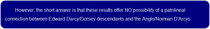 However, the short answer is that these results offer no possibility of a patrilineal connection between these Edward Darcy/Dorsey descendants and the Anglo/Norman D'Arcys.